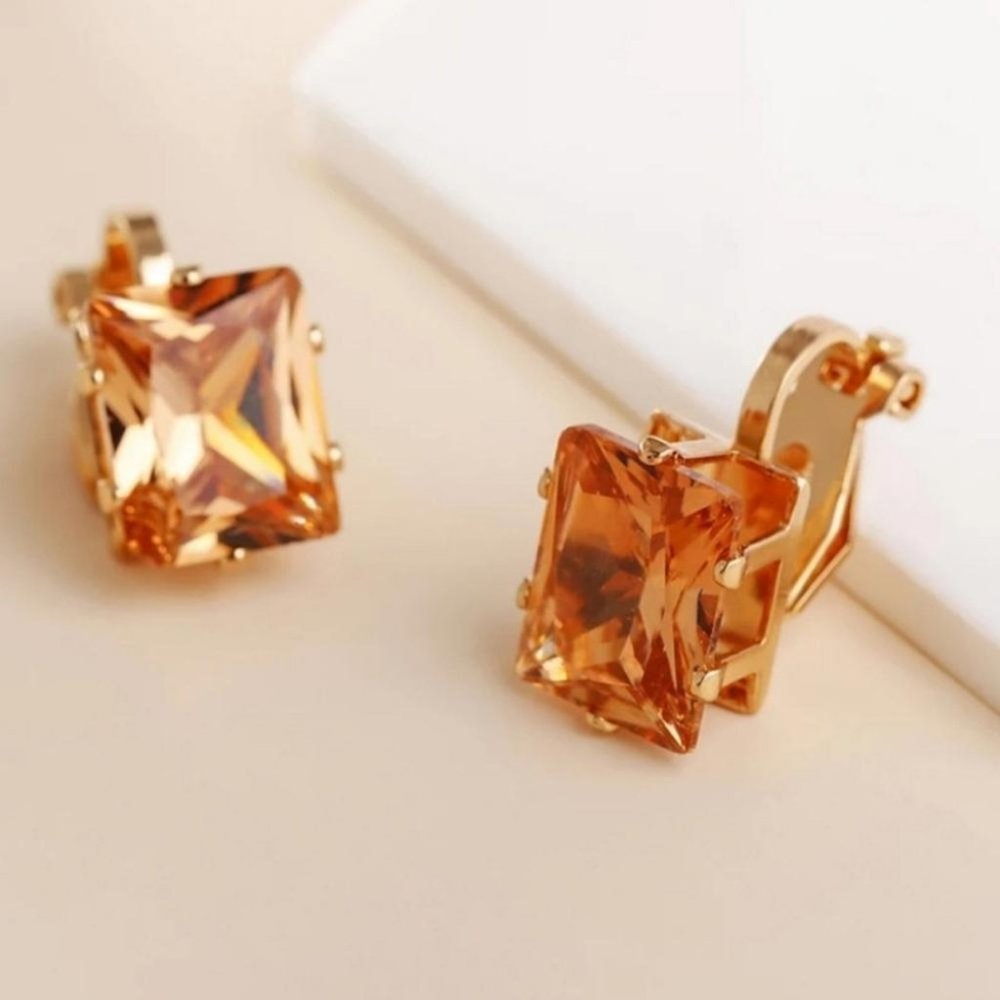 Clip On Large Sparkly Champagne Stone Earrings